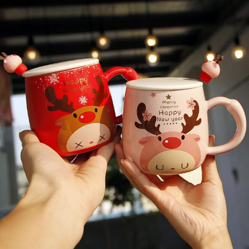 

350 мл Керамика Кружка Творческий Кофе чашка с крышкой и ложкой Чай молоко чашки ребенка с принтом рождественского оленя и надписью кружки по...
