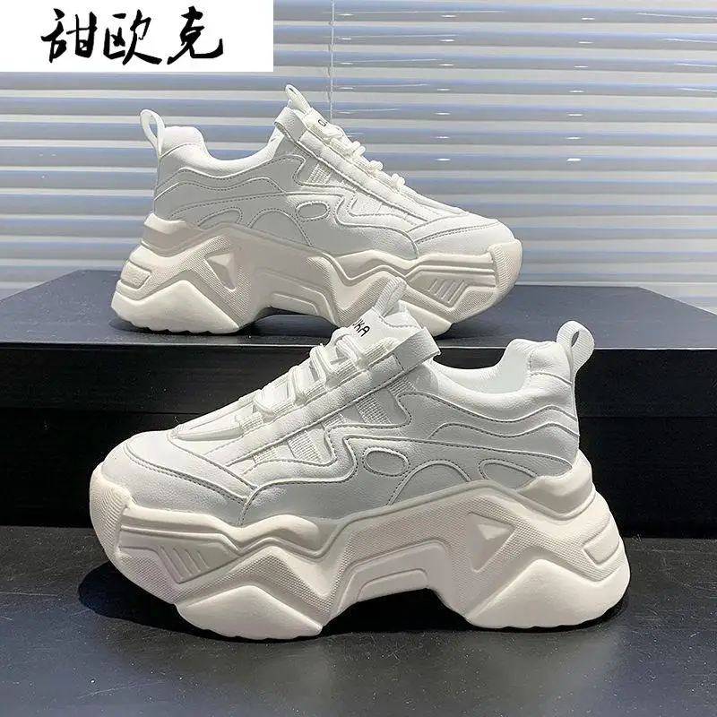 

Женские массивные кроссовки, белые кожаные кроссовки с круглым носком, на вулканизированной платформе, на шнуровке, на весну, 2021