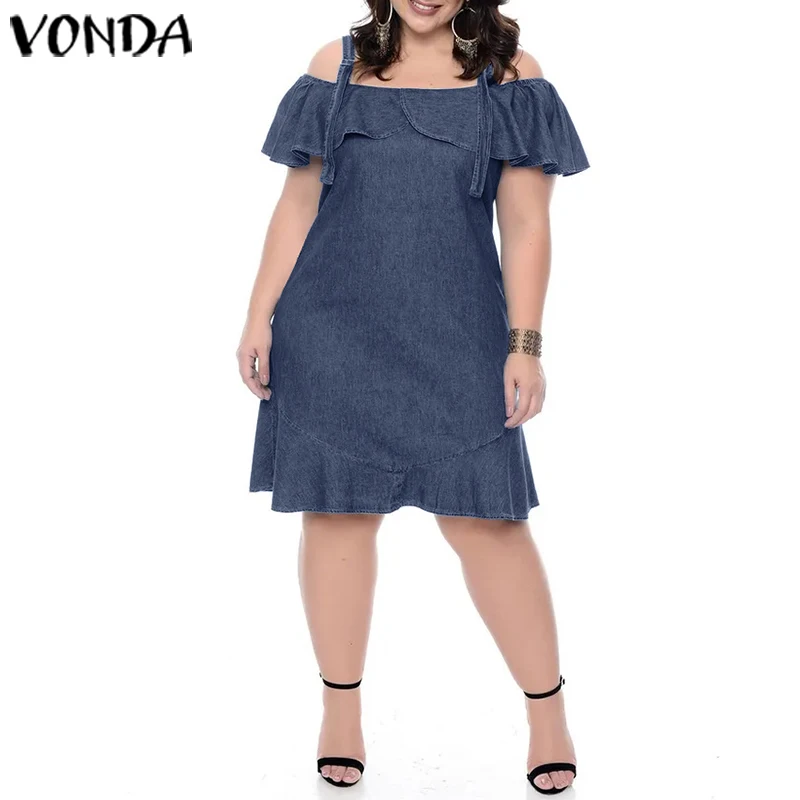 Женское джинсовое платье с оборками VONDA повседневное свободное однотонное