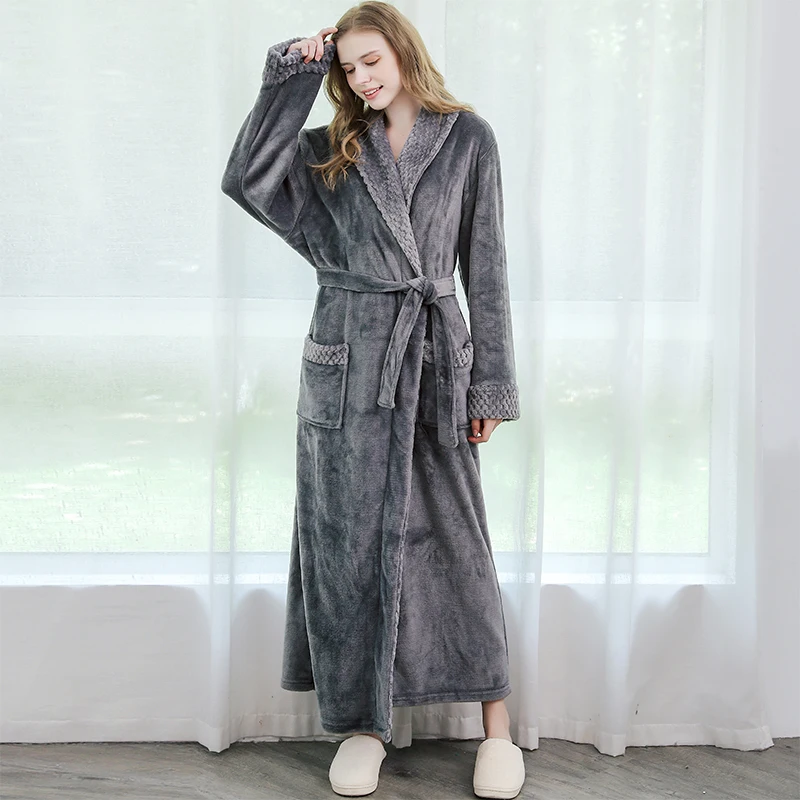 Women Grey Зимний удлиненный теплый фланелевый банный халат для мужчин и женщин, роскошный Теплый банный халат, мягкий халат, мужские халаты - Цвет: Women Grey
