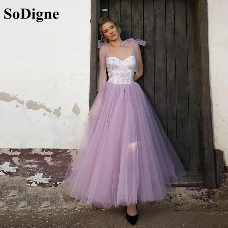 SoDigne – robe de soirée mi longue en Tulle violet pour femmes, tenue de bal mi longue, bretelles avec nœud noué, ligne a, avec dentelle, 2021  (0)
