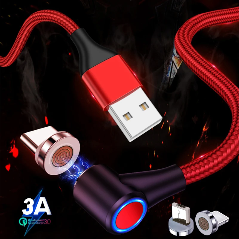 90 градусов 3A светодиодный магнитный Micro usb type C кабель для быстрой зарядки iPhone SAMSUNG