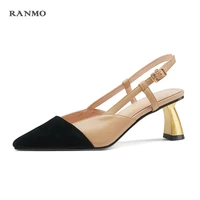 women slingbacks shoes high heels natural genuine leather thick high heel shoes cow leather mixed colors pumps heels for women
