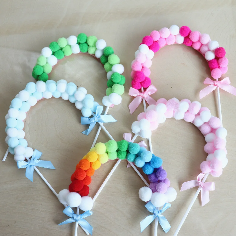 Радужный Розовый Синий помпон облако торт Топпер для вечеринки на день рождения