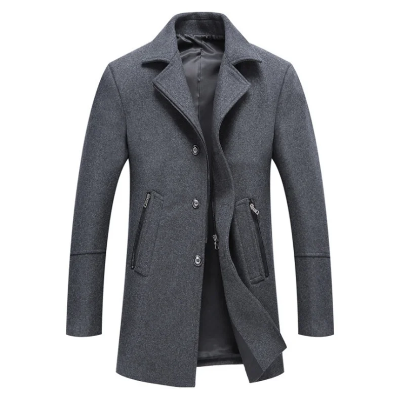 

New Winter Wool Coat Men Single Breasted Grey Long Trench Coat Casual Wool & Blends Jacket Slim Fit Fashion Mens Woolen Overcoat