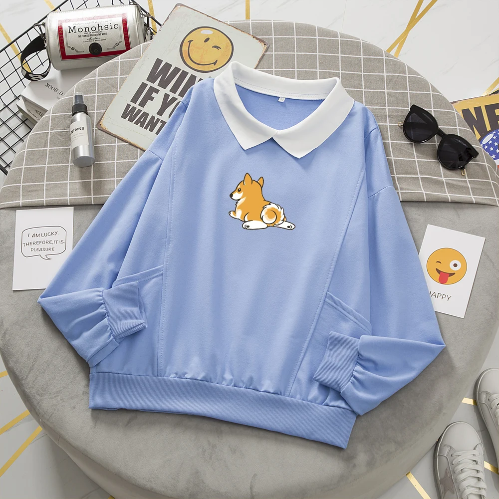 Kawaii Dog Print Hoodie for Women Harajuku Aesthetic Sweatshirt Cotton Cute Turn-down Collar Sweetshirt Winter Hoddies for Teens