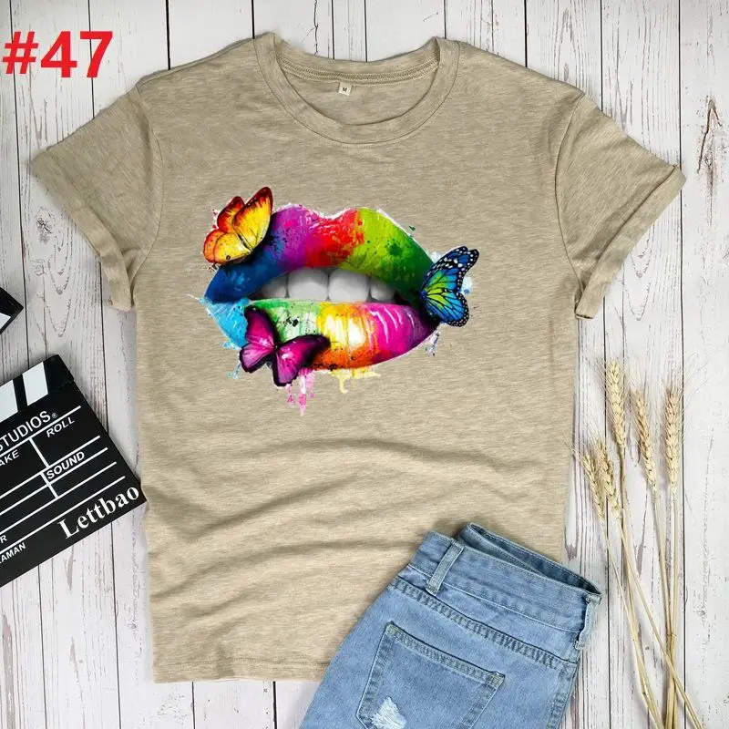 

Multicolored Lips Butterflies Loose Streetwear Print Women Tees Summer Fashion Women Short Sleeve Casual Vintage T-shirts