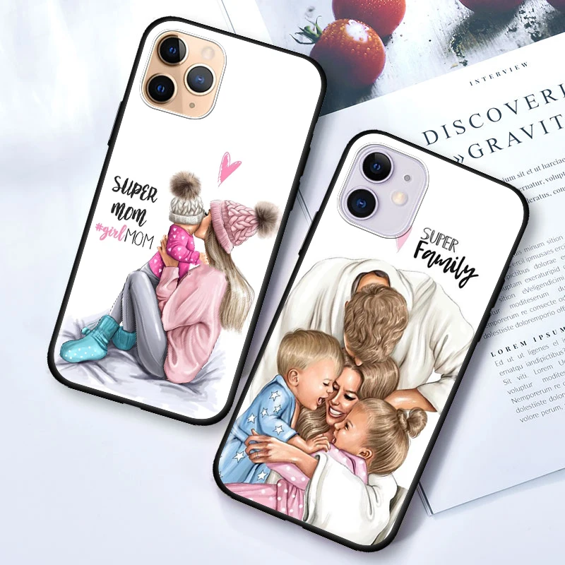 black cover hot mom and baby girl for apple iphone 12 mini 11 xs pro max x xr 8 7 6 6s plus se 2020 5 5s phone case free global shipping