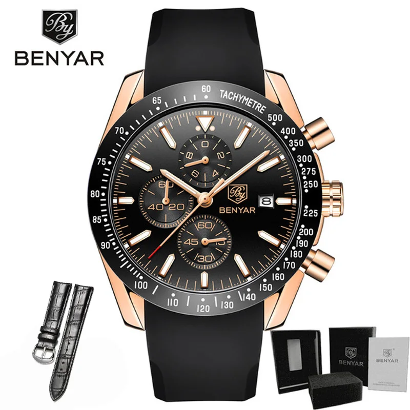 Gold Black Strap Часы мужские роскошные брендовые BENYAR мужские синие часы с силиконовым ремешком наручные часы Мужские часы с хронографом мужские часы Relogio Masculino - Цвет: Gold Black Strap