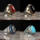 Винтажные резные турецкие кольца ручной работы, кольца для мужчин, инкрустированные красными искусственными кольцами, модные исламские религиозные искусственные кольца