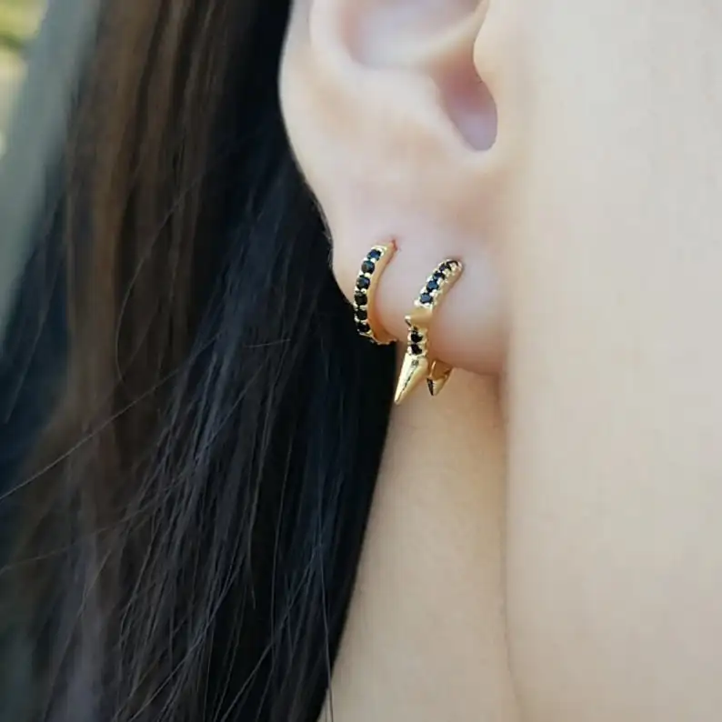 Черный cz золотой цвет 100% стерлингового серебра 925 revit Спайк Минимальный серьги