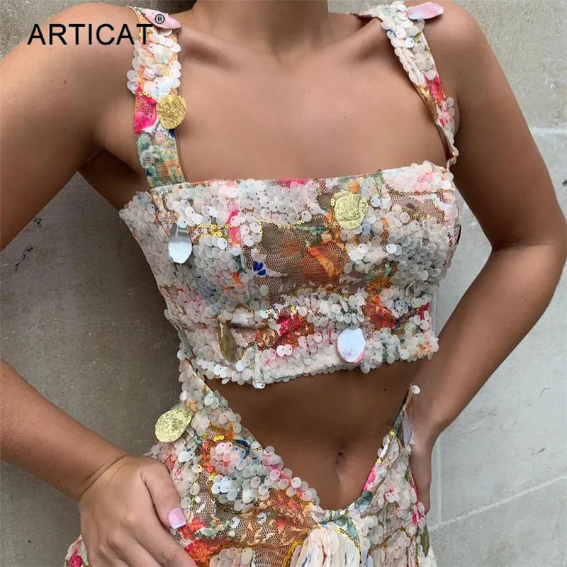 Articat/вечерние комплекты из двух предметов с блестками; женские топы на бретелях; драпированные комплекты с юбкой-пачкой; Клубные женские наряды; комплект из 2 предметов
