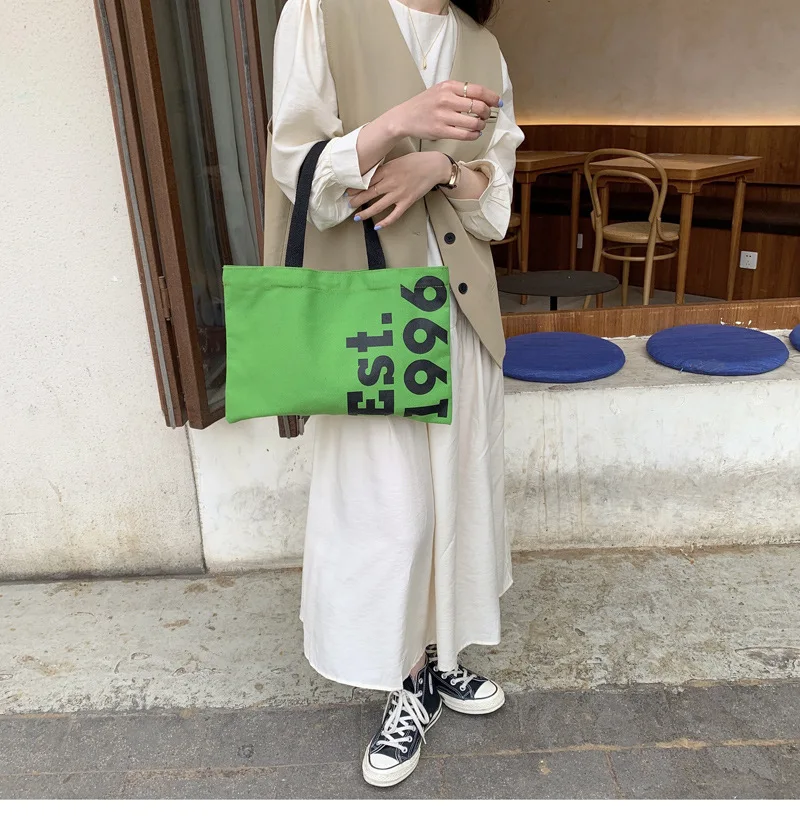 

Ladies Canvas Casual Tote Bag Women EST1996 Printing Lunch Bag Female Eco-Friendly Small Grocery Bag Picnic Purses for Girls