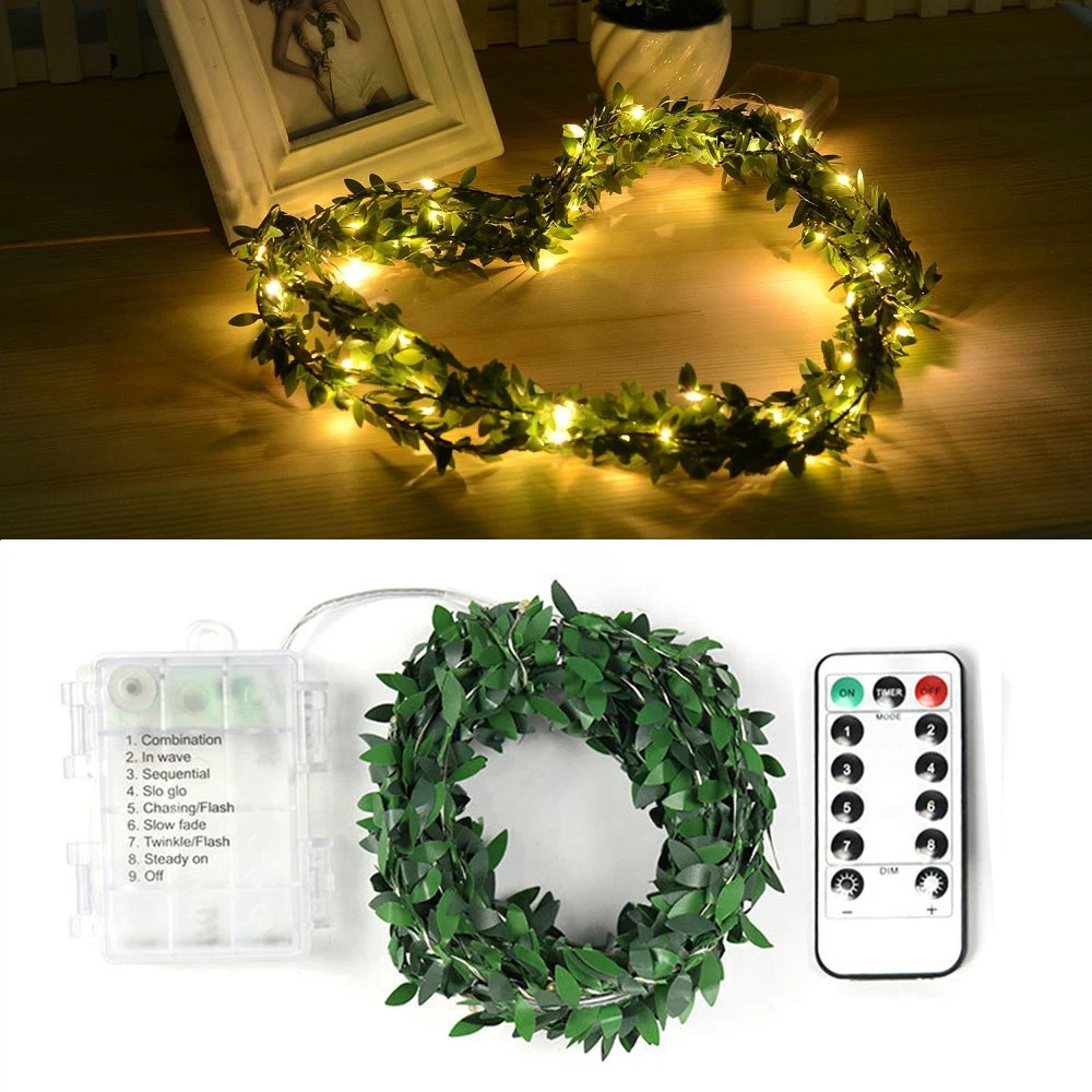 

3M/5M/10M Green Leaf String Lights Battery 8Modes Christmas Artificial Green Leaf Ivy Vine Garland Lights For Weeding Party