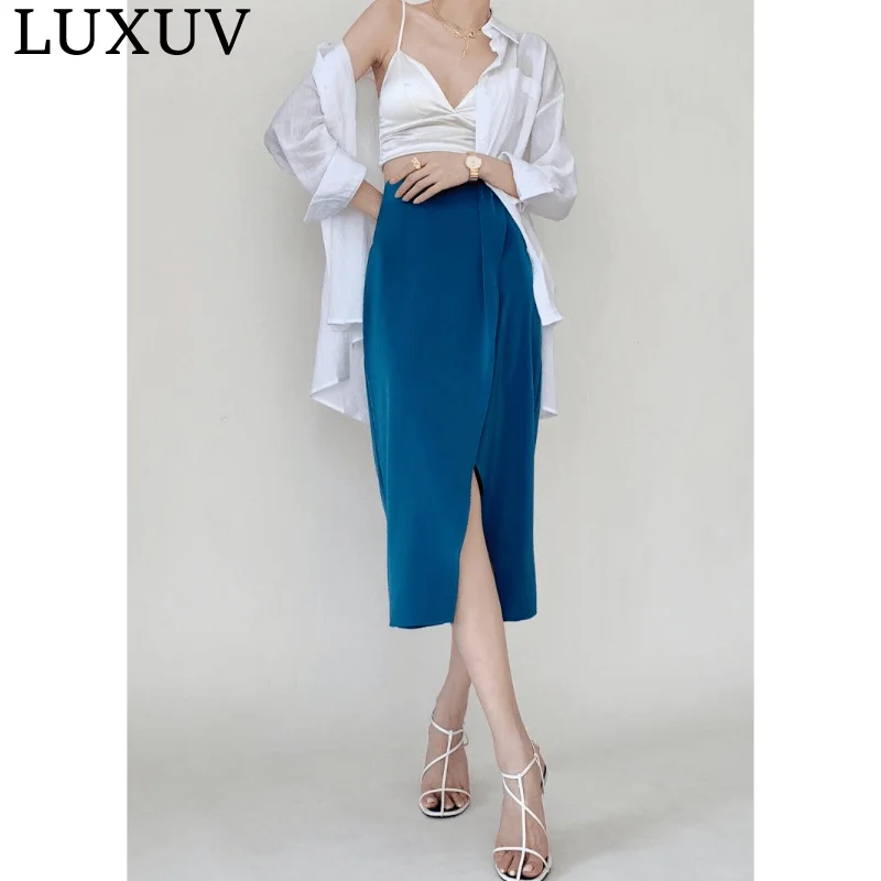 LUXUV Women's Skirt Pencil With High Weisted Short Ladies Outfit Dress Shirt Clothes Suit Elegant Imitation Silk Satin Shiny