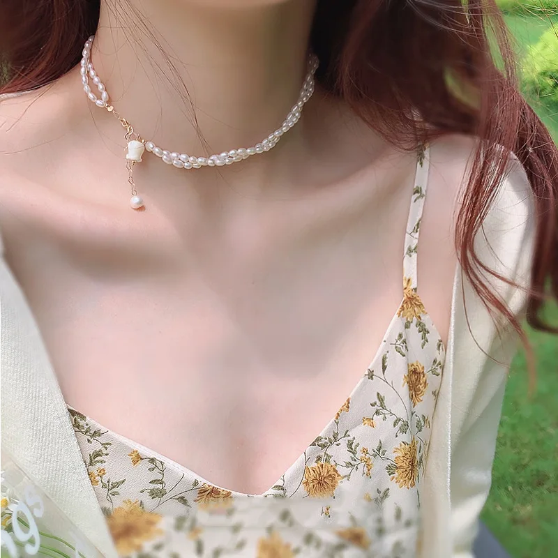 

Origin Summer Creative Double-Layer Beaded Simulation Pearl Chokers Necklace for Women Korean White Flower Necklace Jewellery