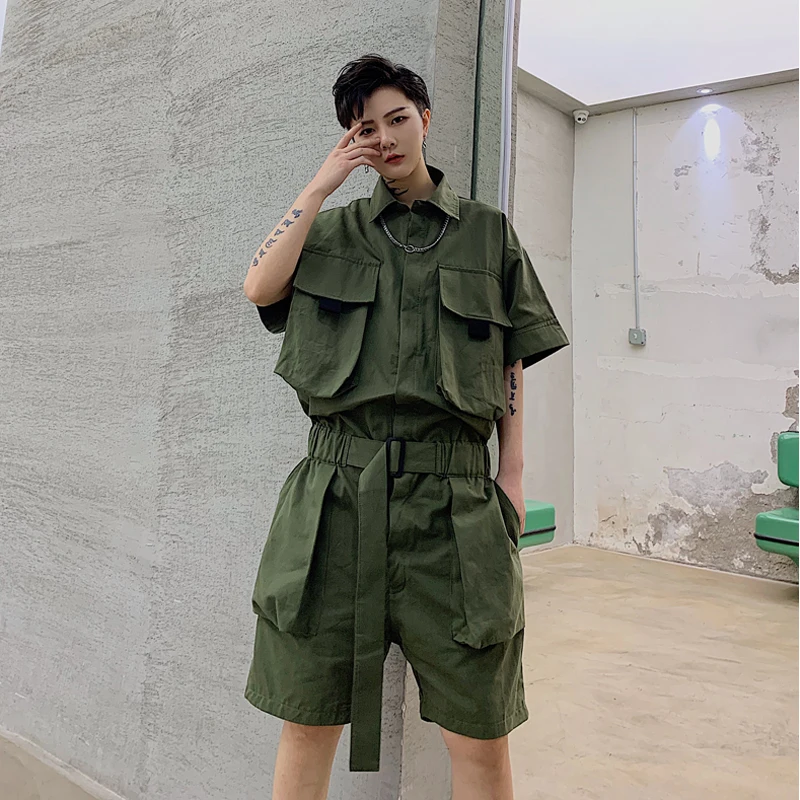 

Men Summer Short Sleeve Casual a Piece Jumpsuit Cargo Pant Male Streetwear Hip Hop Overalls Jumpsuit Harem Trousers Polyester