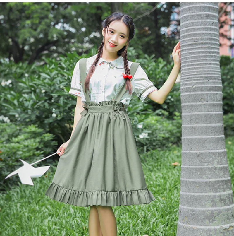 

Japanese kawaii girl sweet lolita sets peter pan collar printing lolita shirt+bowknot falbala gothic lolita sets loli cosplay