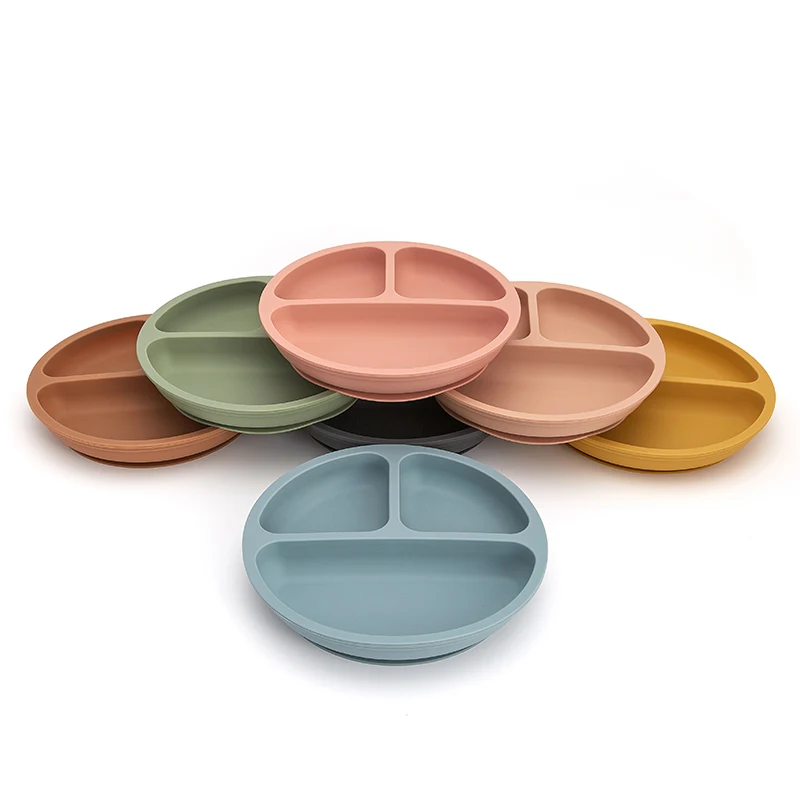 

Fashion Solid Silicon Plate Set For Baby Kids Training Feeding Dinnerware Baby Learning Plate Set With Fork Spoon
