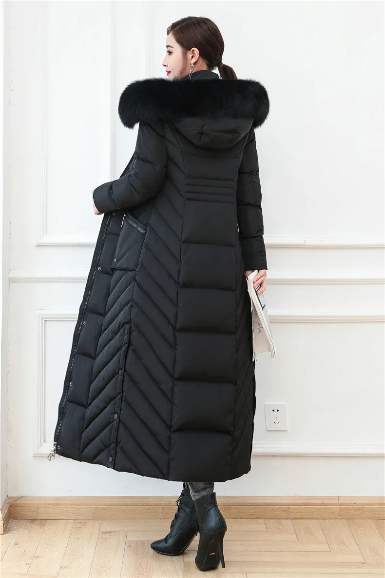 S- 4XL plus size Winter over the knee X-long 90% Duck down coat female X-Long thick warm Down Jacket real fox fur Parkas F442