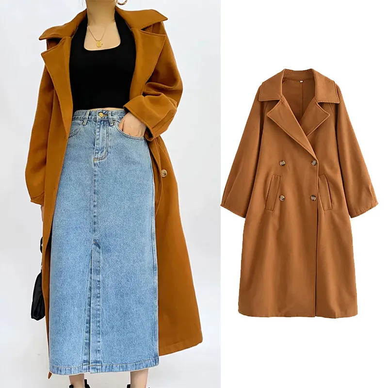 

PPYQYKX Za Women's Long Trench Brown OverCoat 2021 Fashion autumn Winter High street Windbreaker Casual Jacket woolen raincoat