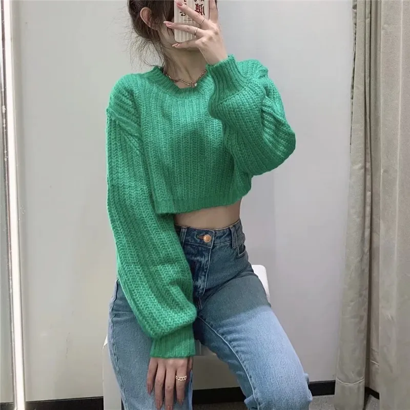

Зеленый укороченный свитер TRAF Za 2021, пуловер, Женский вязаный свитер в полоску, Женский Корейский Осенний Вязаный топ с буфами и длинным рука...