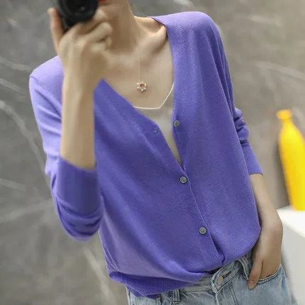 

Women's Outerwear with casual and loose one size fits all look thin solid color V-neck button