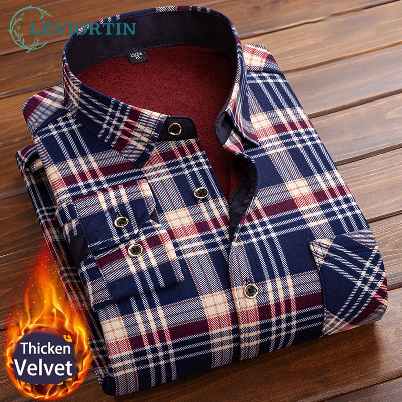 

Мужская Фланелевая рубашка в шотландскую клетку, теплая Повседневная деловая рубашка с флисовой подкладкой и длинным рукавом, Осень-зима ...