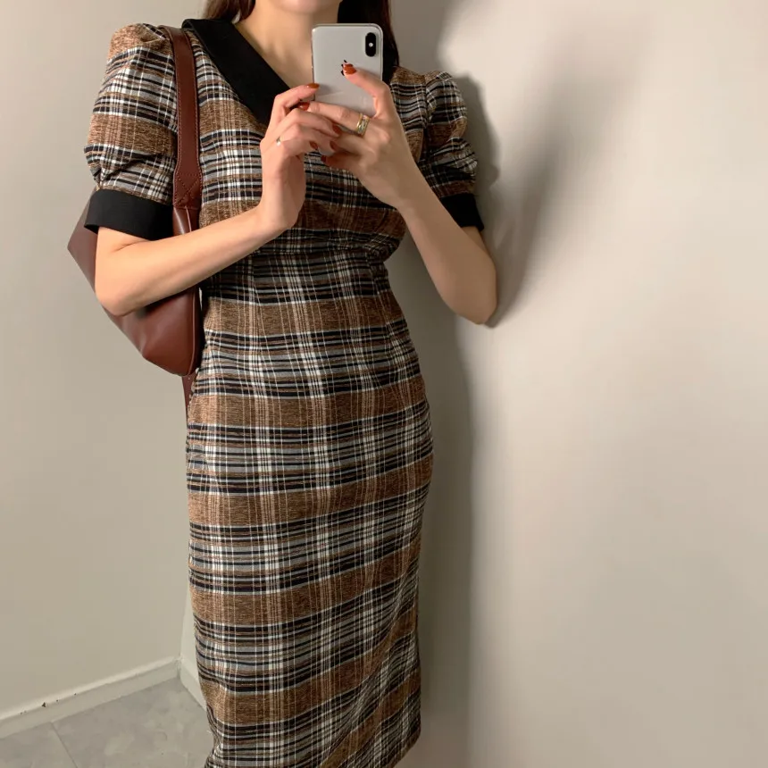 

Korean Chic Spring Retro Slim Fit Slimming Plaid Puff Sleeve Temperament Peter Pan Collar Cute Youth-Looking Dress for Women