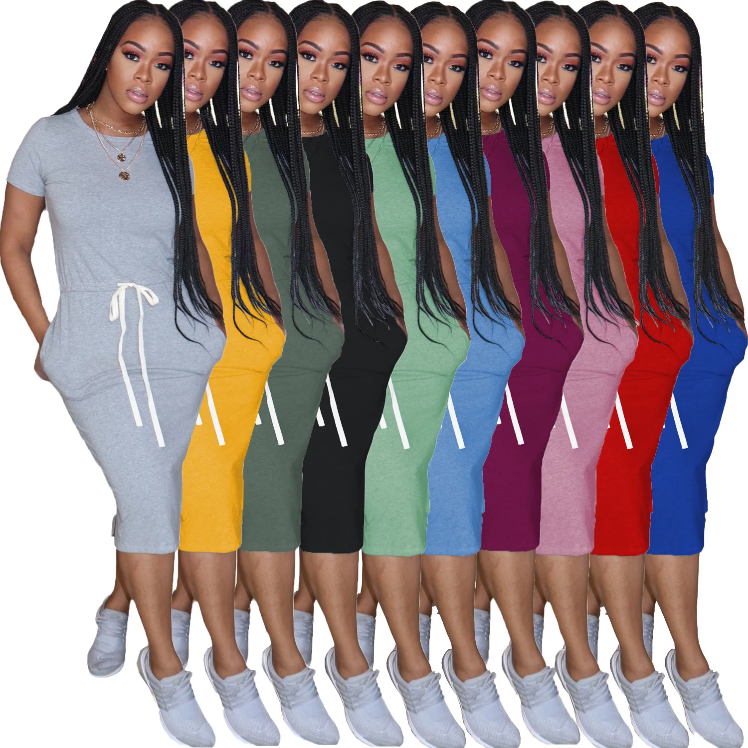 

Dress Foundation Paragraph Elastic Waist Short Sleeves Solid Color T-shirt Skirt Medium-length Dress Ins
