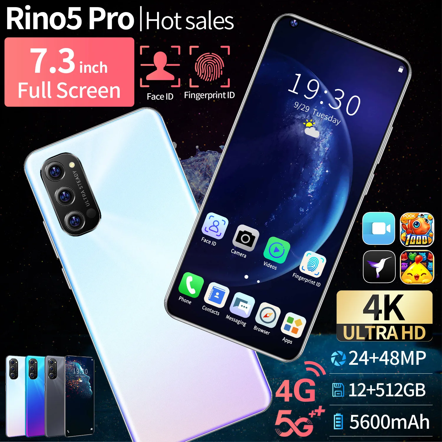 

Сотовый телефон Rino5 Pro MTK6889 десятиядерный 7,3 дюймов 4G телефон 12 Гб + 512 Гб 5600 мАч Android 10 две SIM-карты WIFI GPS