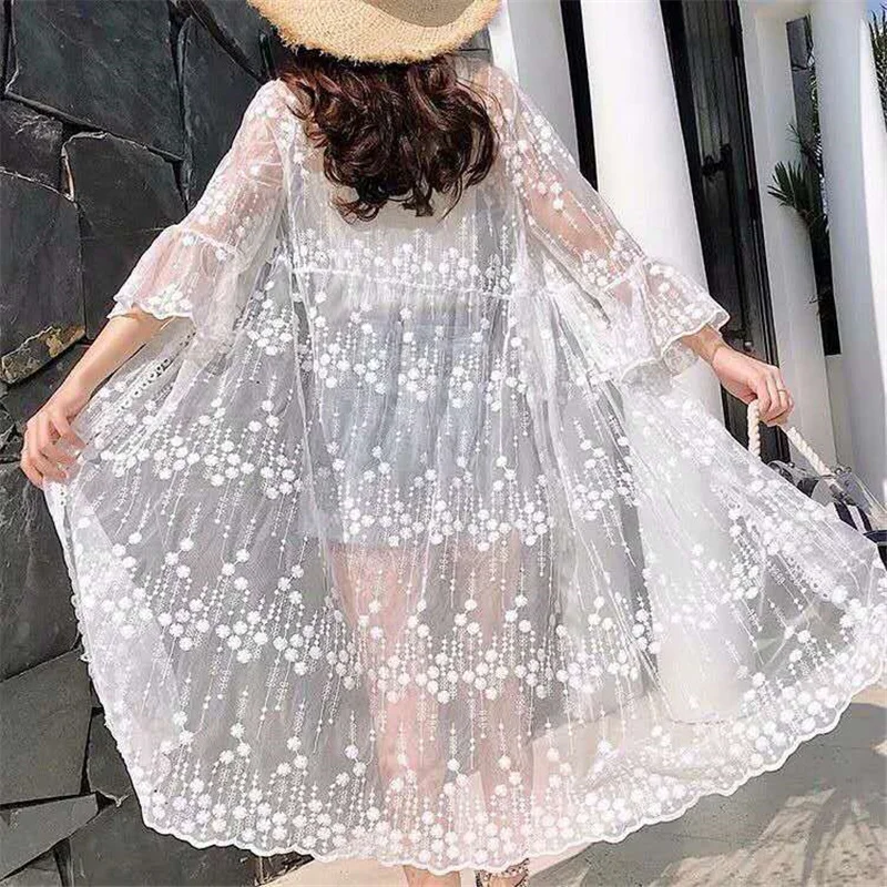 

Sexy women lace sunscreen shirt Floaral Ladies long dress Cardigan dress Beach swimwear shirt casual summer