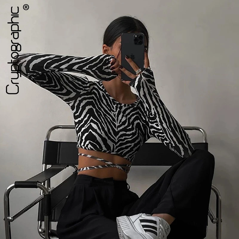 

Cryptographic Fashion Elegant Sexy Backless Zebra Print Women Top Long Sleeve Cropped Top T-Shirts Autumn Bandage Top Tees Slim