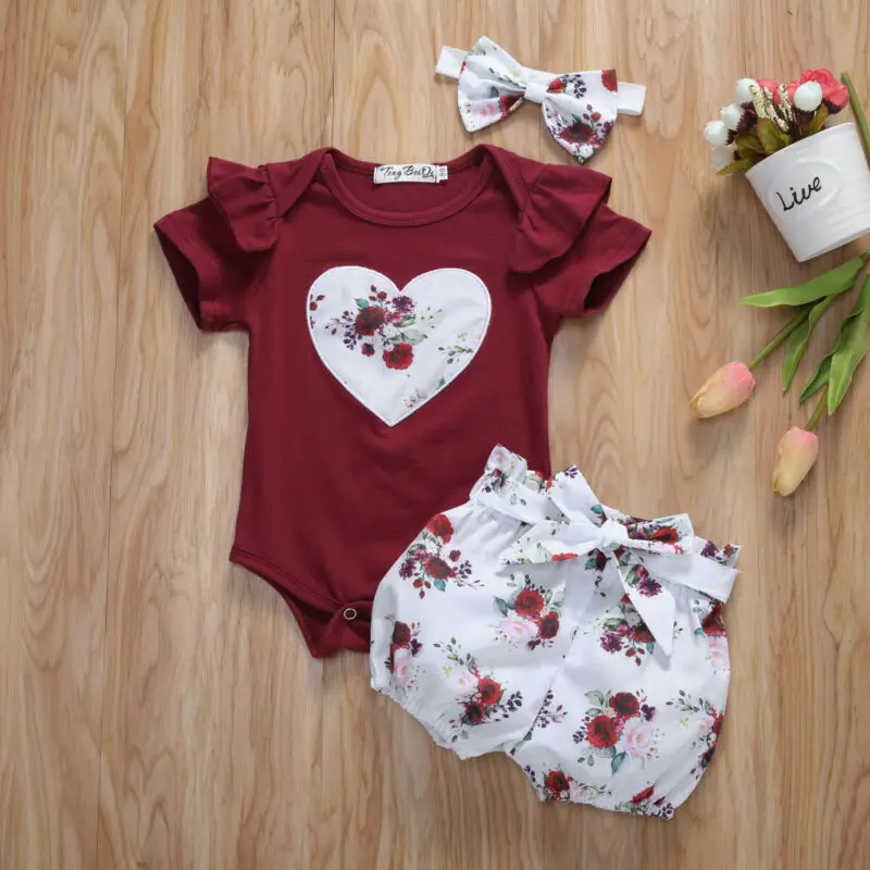 

Newborn Baby Girl Cotton Ruffled Short Sleeve Bodysuit Tops + Floral Shorts Baby Girl Clothes Set