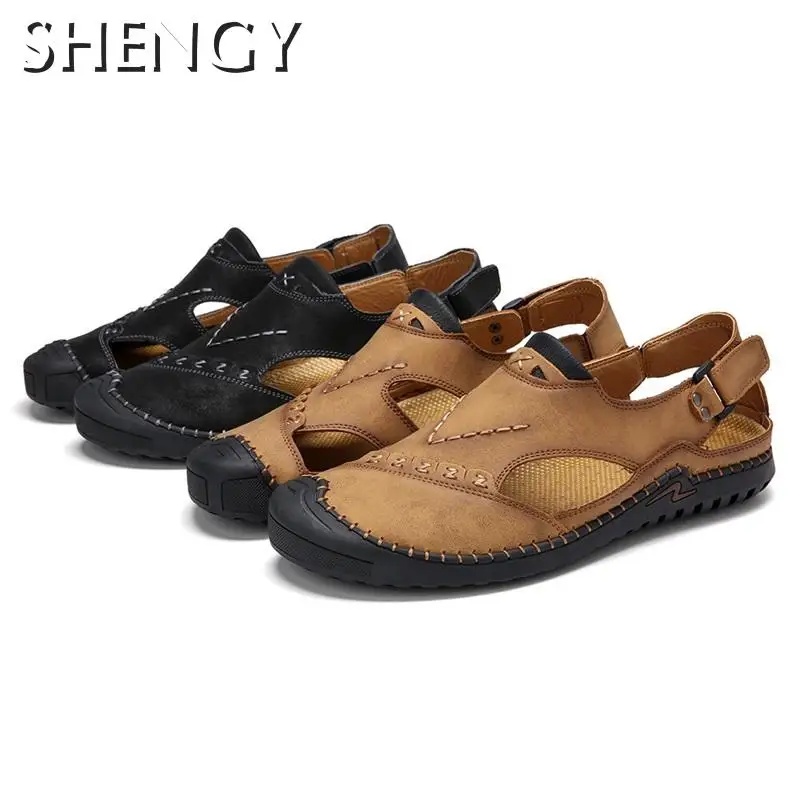 Мужские сандалии из натуральной кожи пляжные Нескользящие в римском стиле с