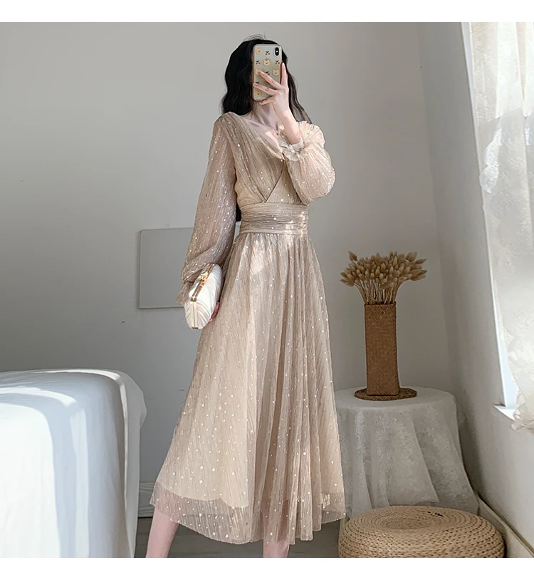 

New Women Spring Korean Chic Design Elegant Temperament Wild Dress Female V Neck Lantern Sleeve Glistening A Line Dress