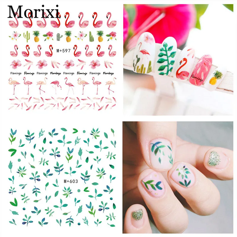 

Cartoon nail art sticker green maple leaves mermaid Flamingo fruit image printing ultra thin water transfer nail decals WG006