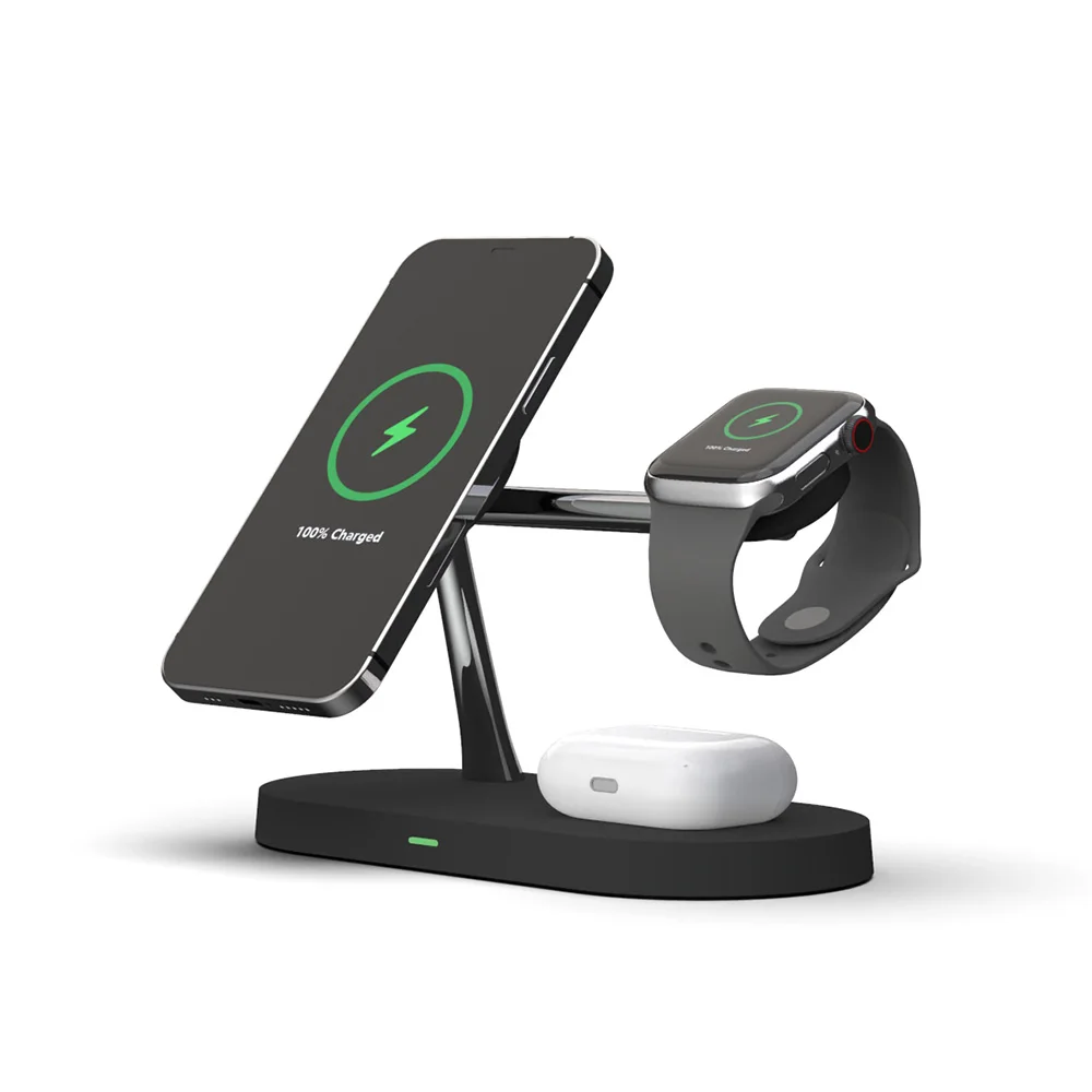 

Newest 5 in 1 Black 15W Fast charging Station QI magnet Wireless Charger for Phone 12 Air Pod 3 watch earphone with LED light