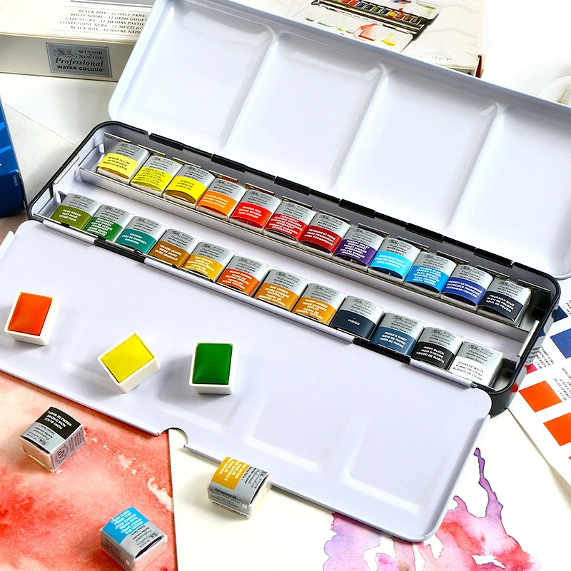 Winsor & Newton Cotman 12/24 Color Solid Watercolor Paint Set Professional Block Watercolors Pigment with Iron Box Art Supplies