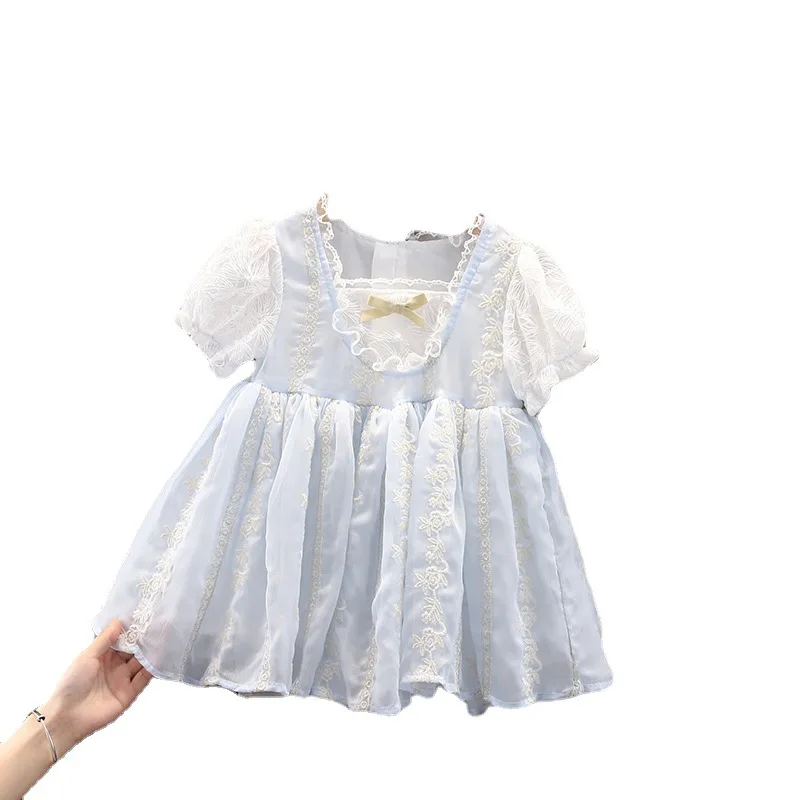 

Fashionable summer new girl Lolita bubble short sleeve lace dress little girl temperament sweet lovely bow print zipper dress
