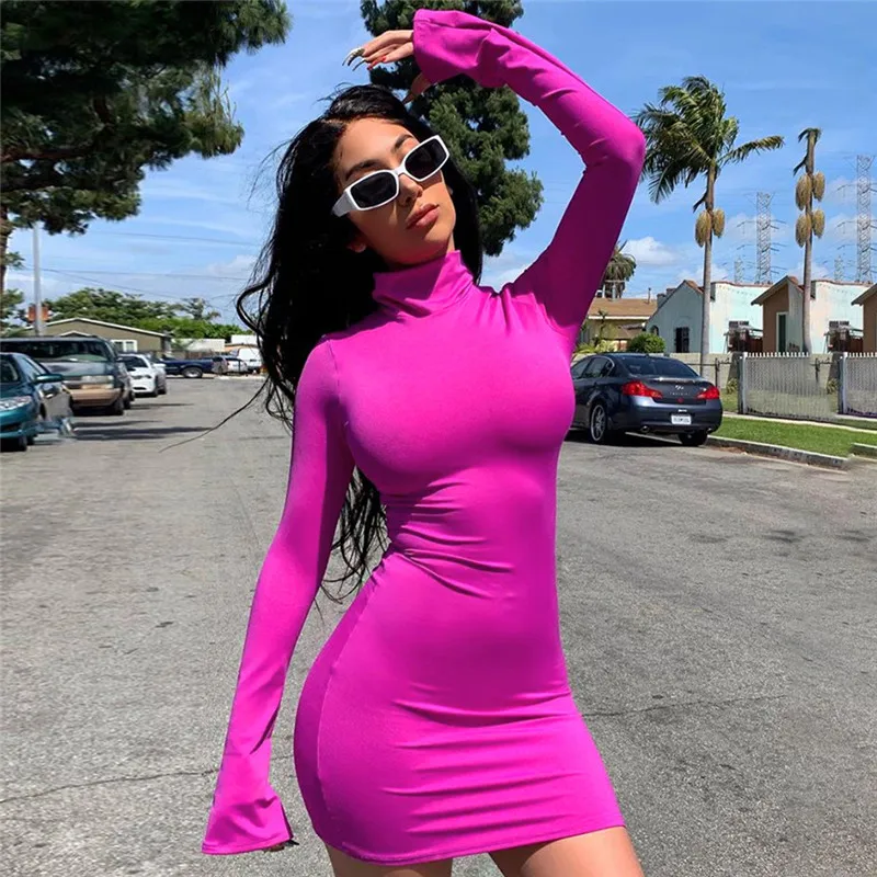 2019 женское элегантное мини облегающее платье с высоким горлом фитнес уличная