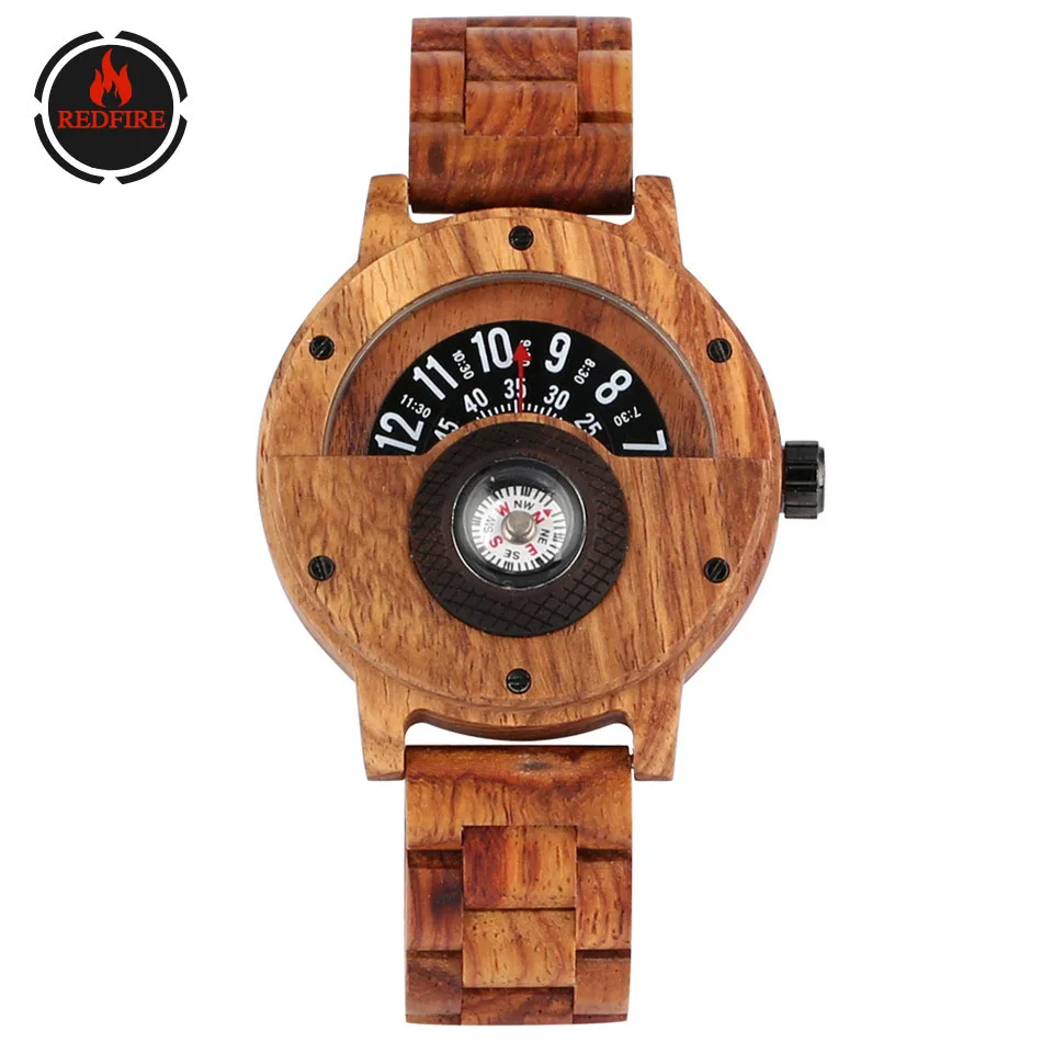 Деревянные часы REDFIRE мужские кварцевые Zebrawood креативные с полуциферблатом и