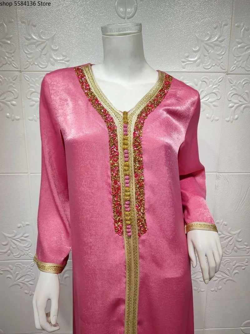 Muslim Hijab Dress for Women Pink Ramadan Eid 2021 Moroccan Kaftan Dubai Jalabiya Arabic Middle East Islamic Clothing