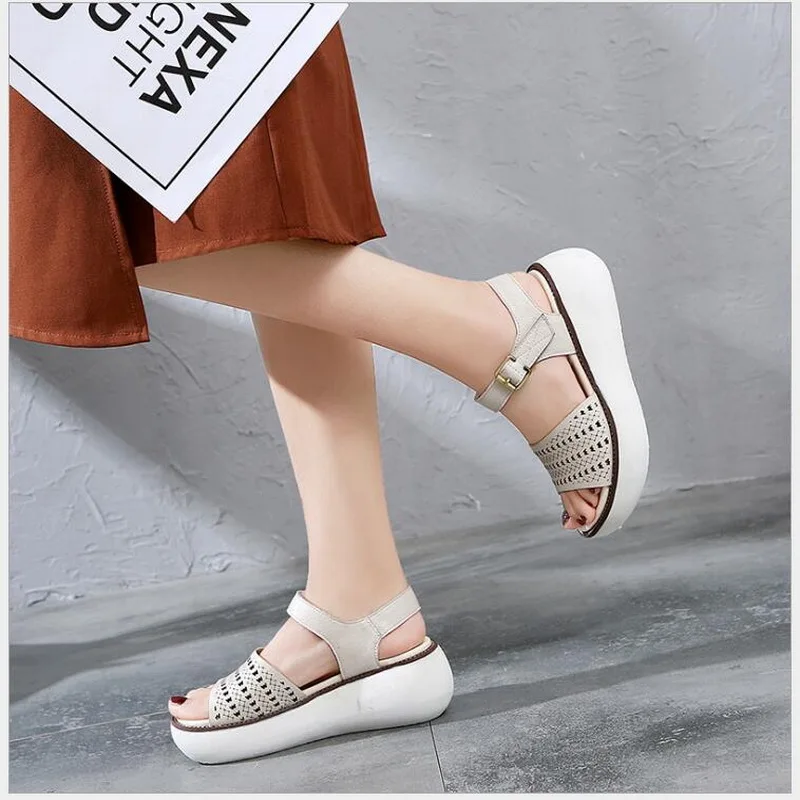 2020 New Retro Summer Women Sandals Handmade Genuine Leather Single Shoe Casual High Heel Wedges Platform Sandals