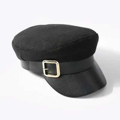 Military Hat Fashion PU Leather Spring Cotton Sailor Hat For Women Belt Buckle Black Grey Flat Top Beret Newsboy Cap Captain Cap - Цвет: Black