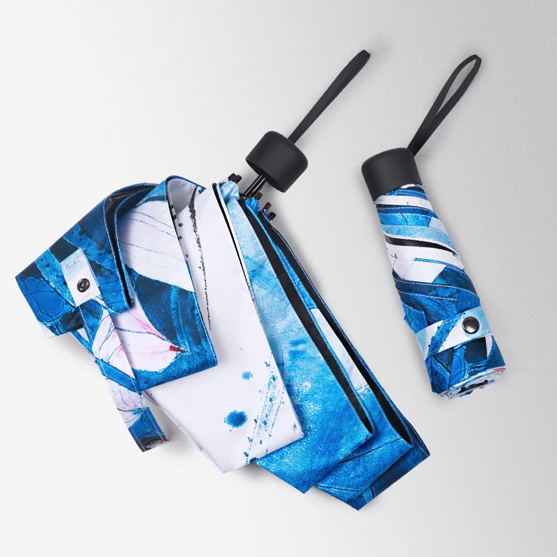 Anti-UV Mini Umbrella Oil Painting Paraguas Compact Sun Rain Women Parasol Bird Portable Folding Blue Travel Umbrellas | Дом и сад
