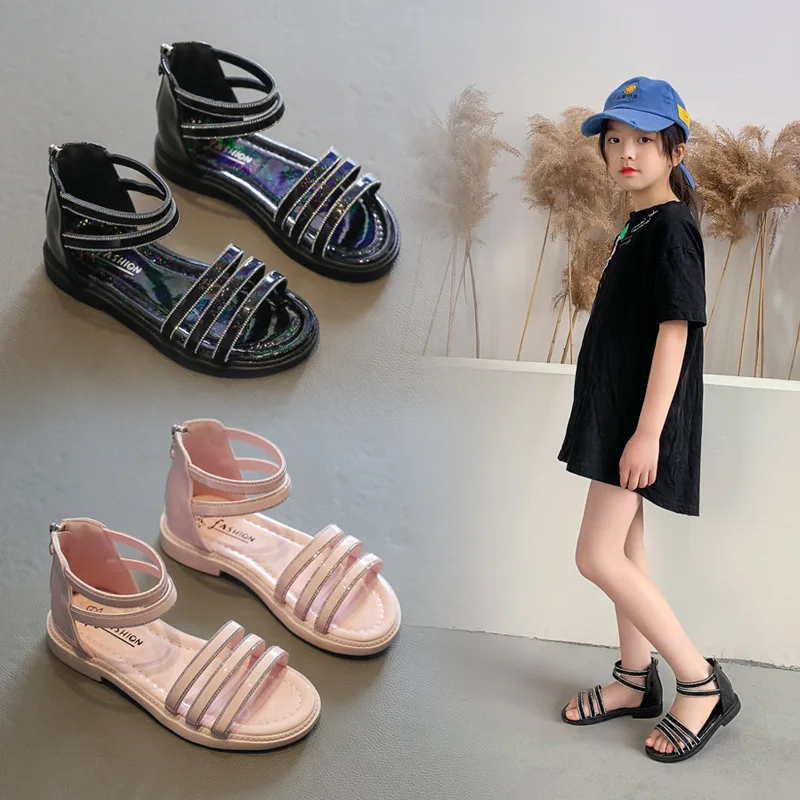 

2021 Kids Shoes for Girl Sandals Fashion Rhinestone Gladiator Little Girls Shoes Children Summer Sandals 3 5 6 8 9 10 11 12 Year