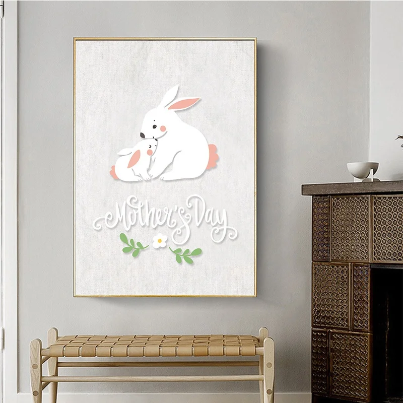 

Mother's Day Thanksgiving Print Simple Wall Art Canvas Painting Rabbit Animal Poster Living Room Home Decoration Frameless Photo