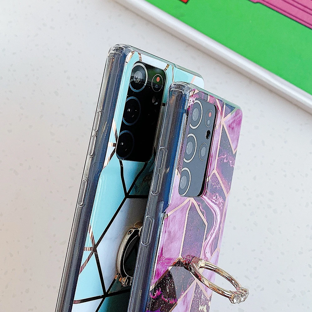 

Plating Geometric Marble Phone Case For Samsung A51 A71 A21S A50 S21 Plus S20 FE S10 S8 S9 Plus Ring Holder Soft Cover