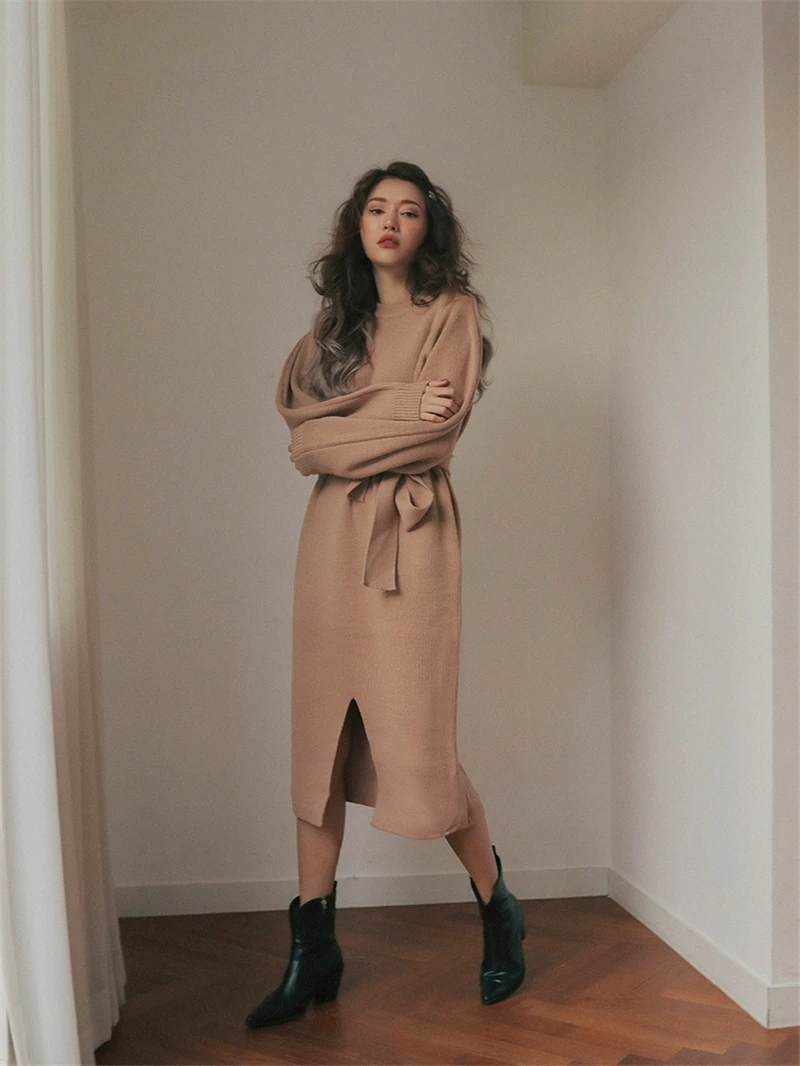 Осенне зимнее женское платье свитер миди с круглым вырезом женские вязаные